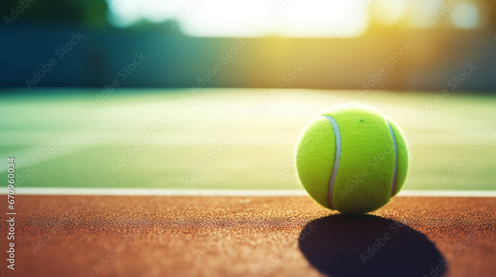 Closeup of tennis ball on empty court. Tennis match on sunny day. Concept of a sporty lifestyle. Generative AI