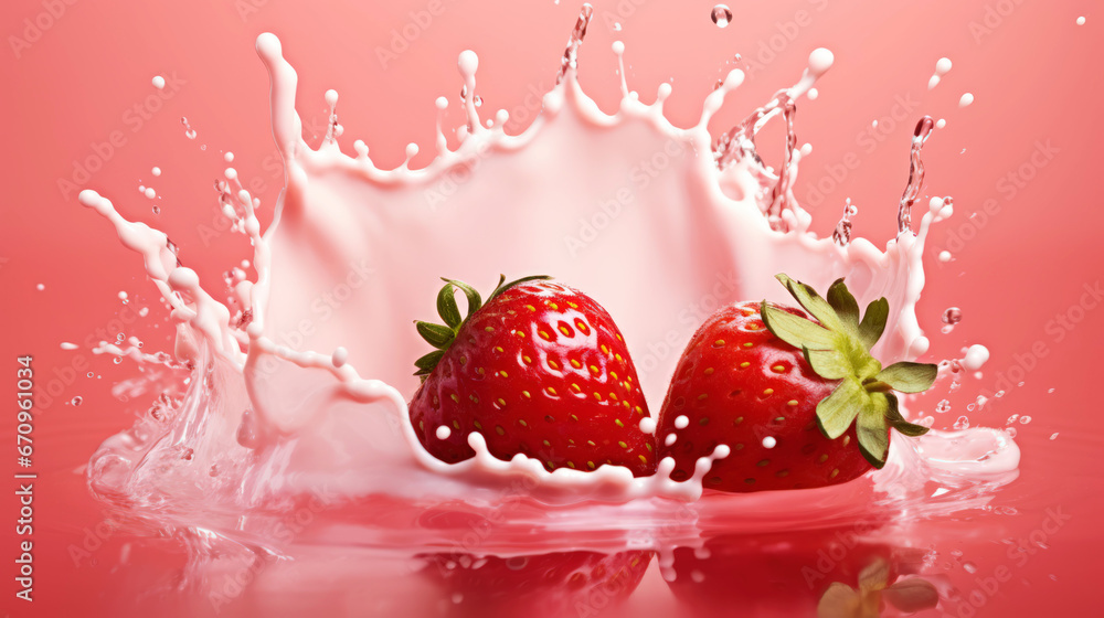 Milk splash with strawberries. Sweet dessert cream. Milkshake concept. Generative AI