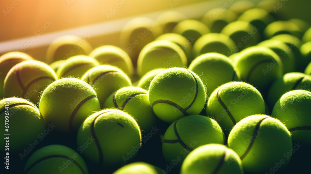 Closeup of a plenty of tennis balls on an empty tennis court, the sunshine. Sports lifestyle concept. Generative AI