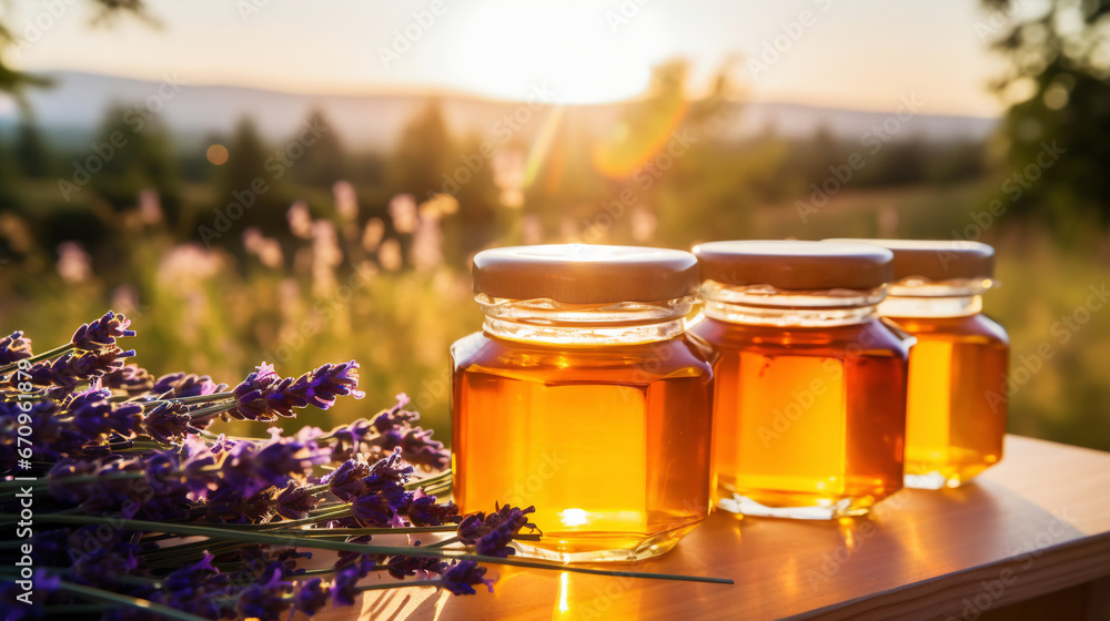 Jars of organic flower honey on a wooden table, with lavender, sunset in the background. Generative AI