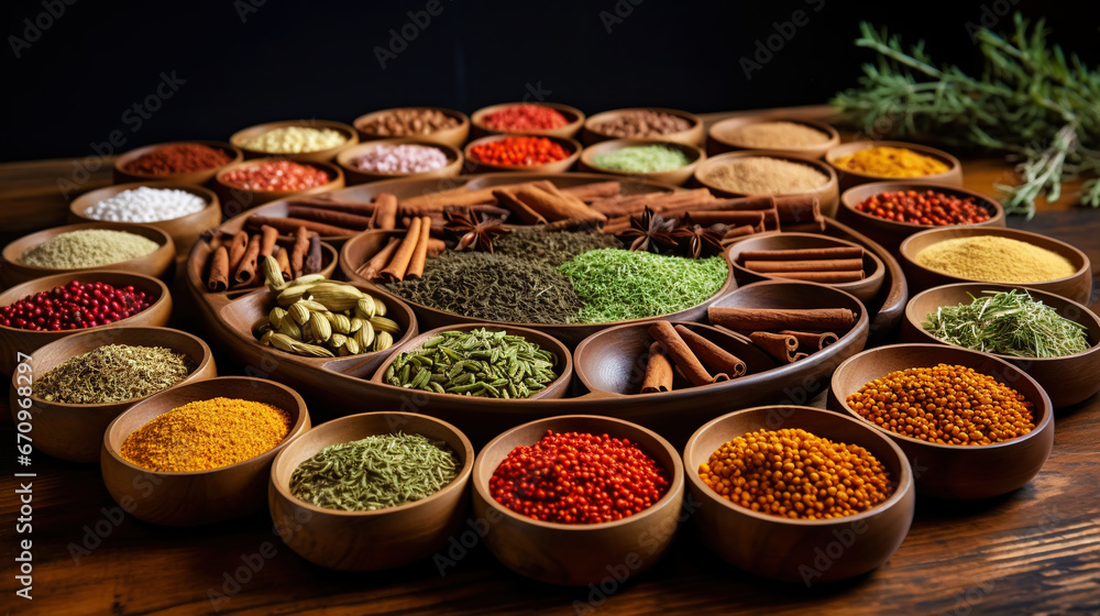 Collection of different aromatic spices, seeds and herbs in a small plates on wooden table, side view. Generative AI