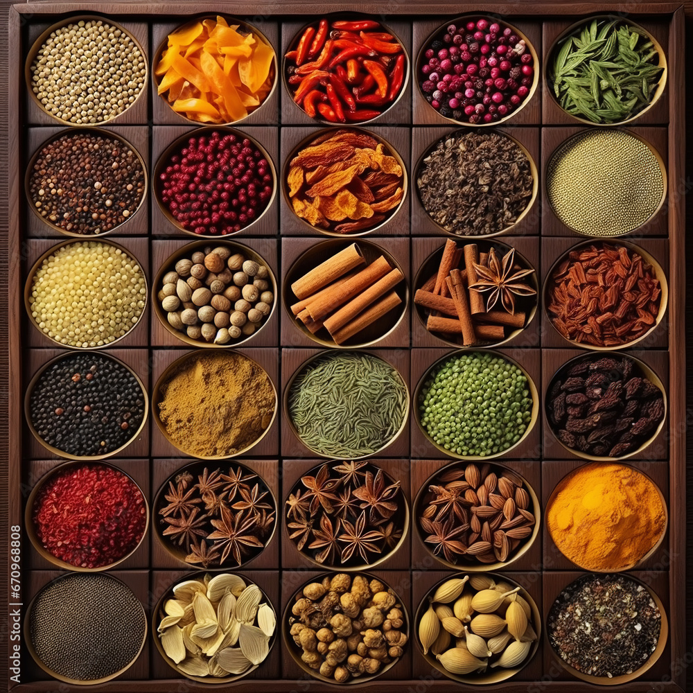 Collection of different aromatic spices and seeds in a wooden cells on black background, view from above. Generative AI