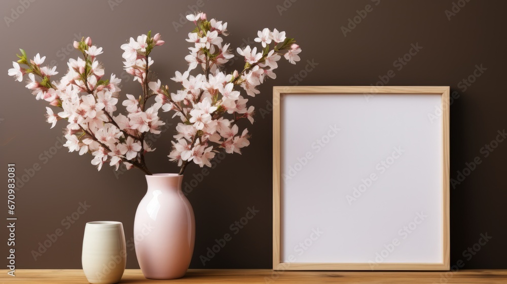 Wooden frame mockup on a desk with vases with flowers. Dark background. Generative AI