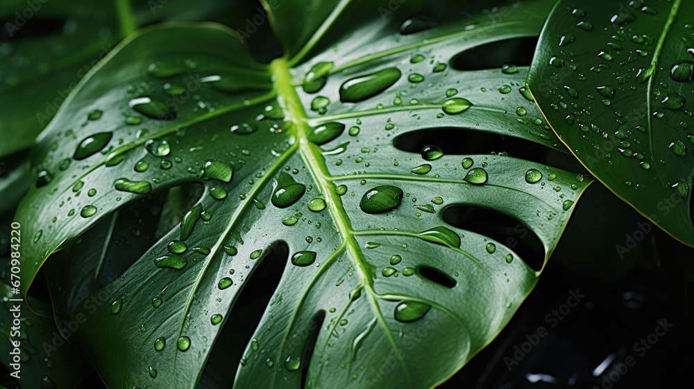  Close-up of green monstera leaves with water drops. Jungle wall background. Generative AI