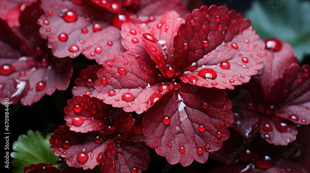 Close-up of fresh red leaves of Heuchera micrantha with water drops. Dark background. Generative AI