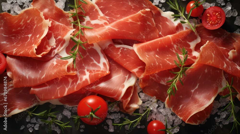 Close-up of sliced Iberico ham with herbs and tomatoes, top side view. Generative AI