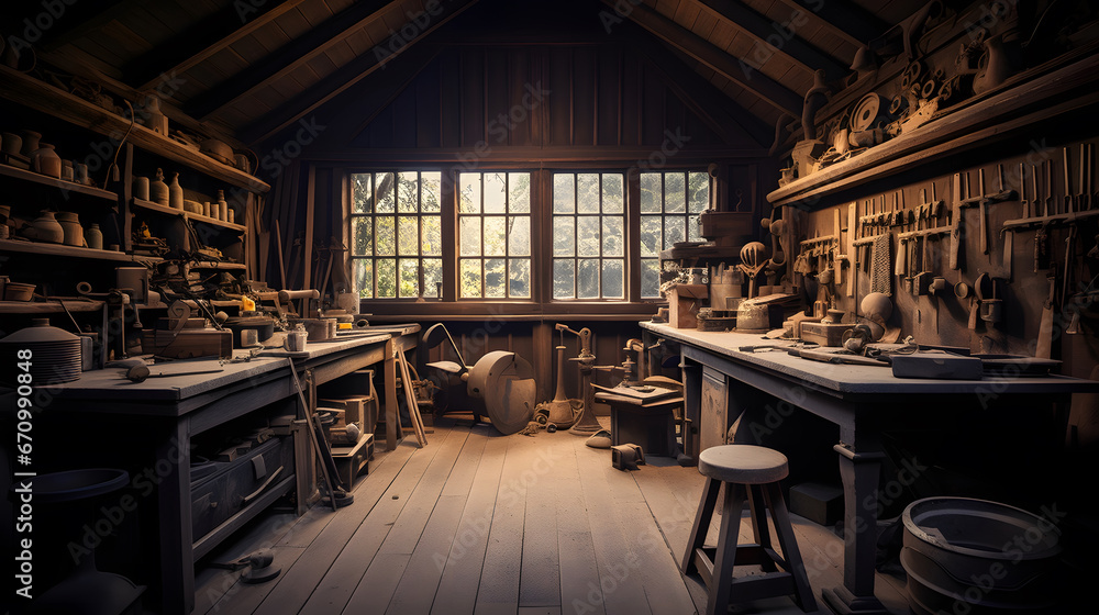 Woodworking workshop. An old shed type wood worker or carpenters work place with old tools on the wall and rustic feel. .