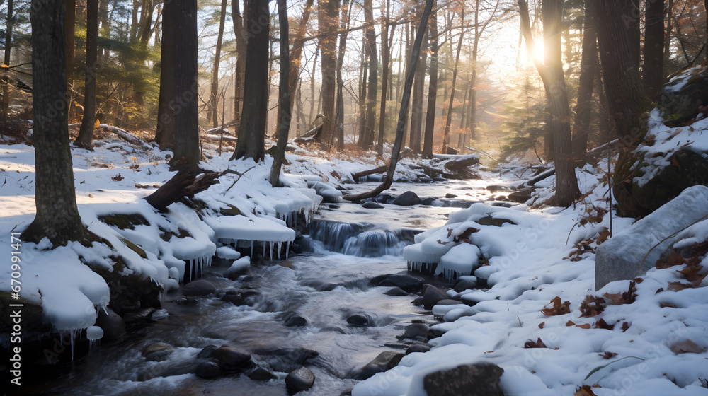 A frozen stream winding through the woods.