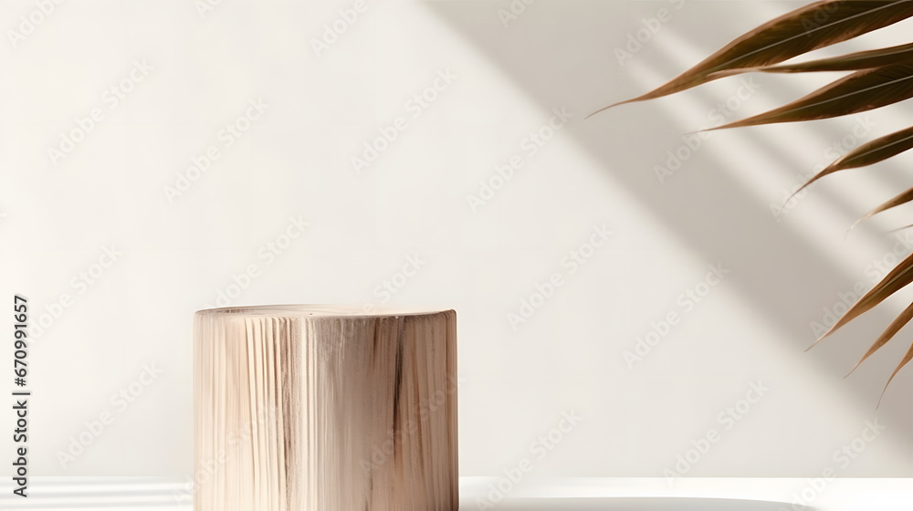 Minimal, natural log wood podium table in sunlight, palm leaf shadow in blank cream white wall, floor for modern luxury beauty, cosmetic, organic, nature, fashion product display background 3D