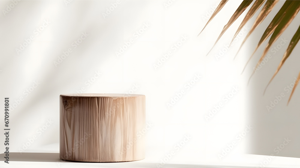 Minimal, natural log wood podium table in sunlight, palm leaf shadow in blank cream white wall, floor for modern luxury beauty, cosmetic, organic, nature, fashion product display background 3D