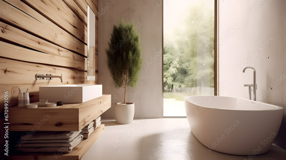 Rustic interior design of modern bathroom with wooden wall and bathtub decorated with solid wood slab