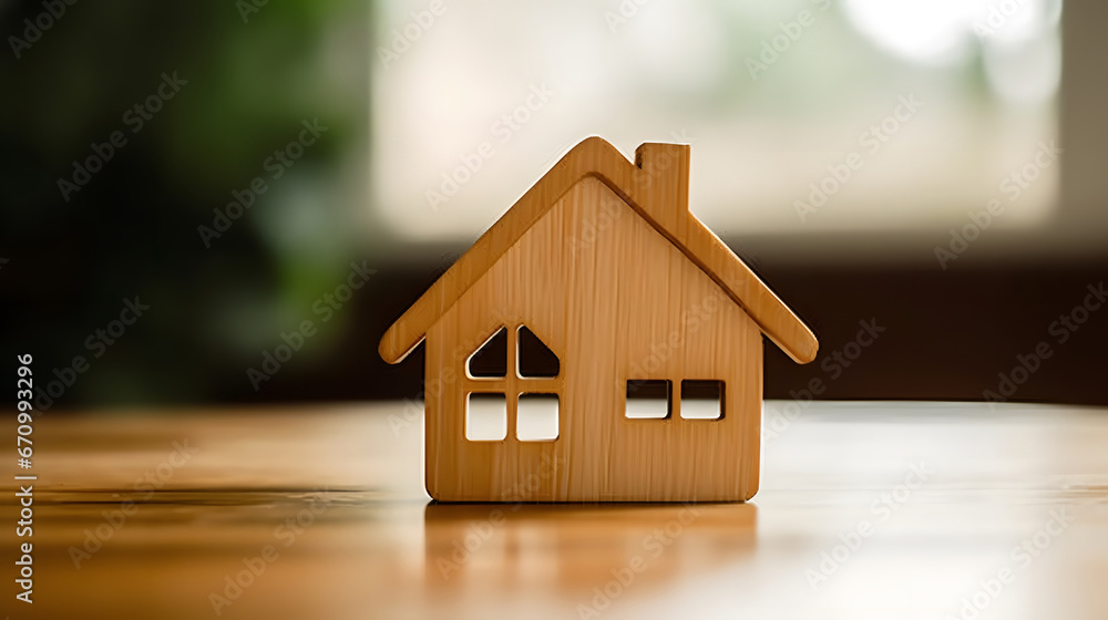 Wooden house model on wood background, a symbol for construction , ecology, loan, mortgage, property or home.Family life and business real estate concept.