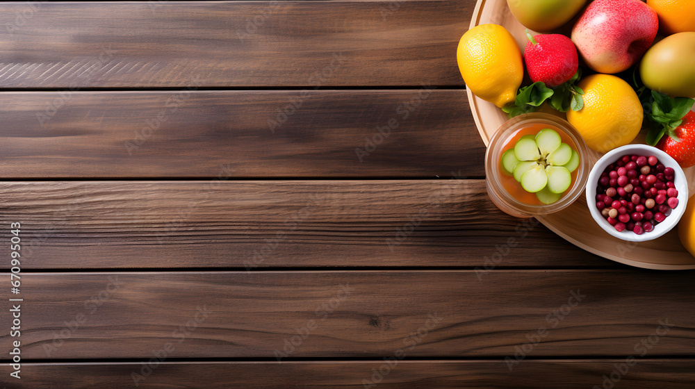 Fitness concept, pink sneakers, weight plates, dumbbells, sandwich, fruits and orange juice, wooden background, top view