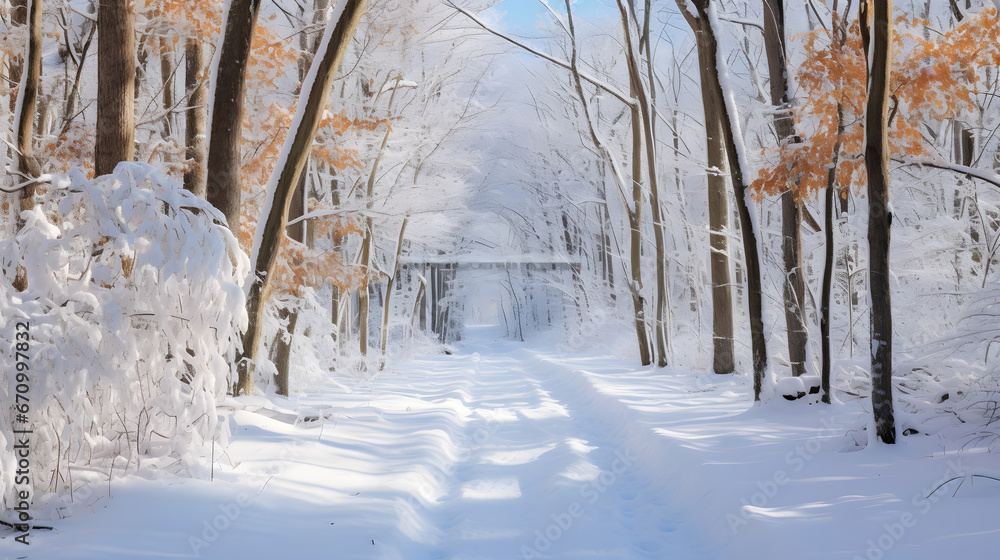 A snow-covered path in the woods