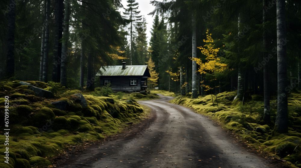 A road leading to a remote cabin in the woods., cottage nestled in the woods