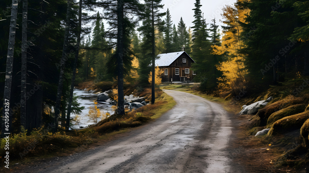 A road leading to a remote cabin in the woods., cottage nestled in the woods