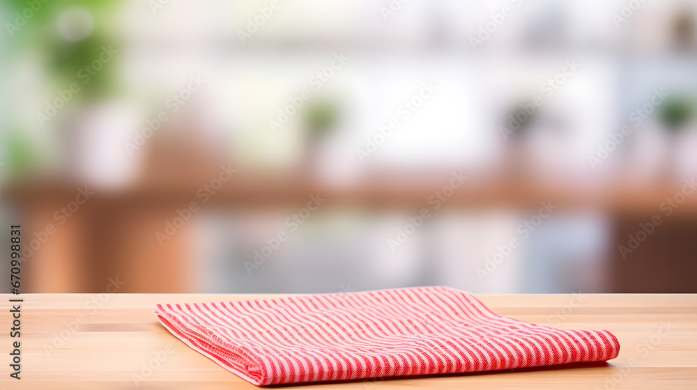 Red fabric, cloth on wood table top on blur kitchen counter  room background. For montage product display or design key visual