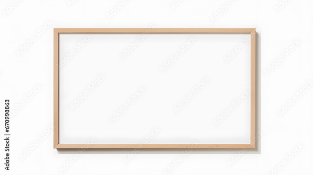 Blank picture frame mockup on white wall, horizontal artwork template. Single oak wood frame mock-up