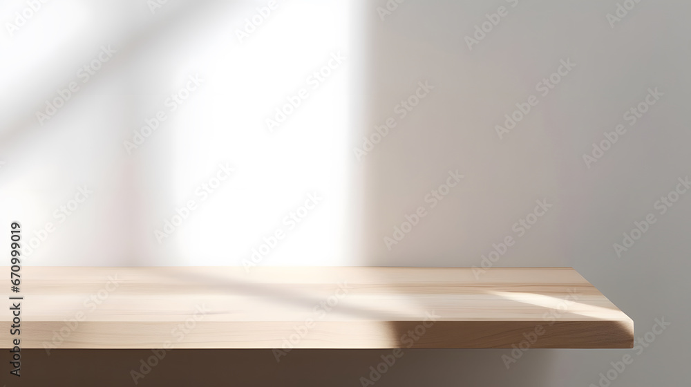 Empty minimal natural wooden table counter podium, beautiful wood grain in sunlight, shadow on white wall for luxury cosmetic, skincare, beauty treatment, decoration product display background 3D