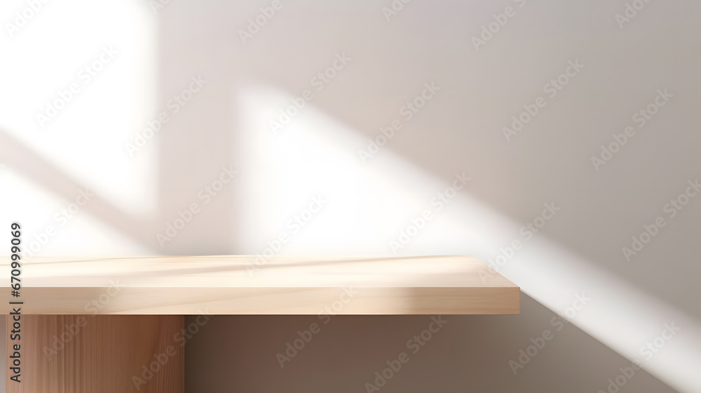 Empty minimal natural wooden table counter podium, beautiful wood grain in sunlight, shadow on white wall for luxury cosmetic, skincare, beauty treatment, decoration product display background 3D