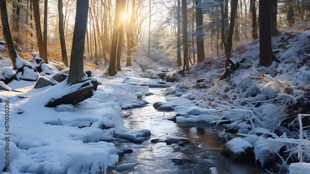 A frozen stream winding through the woods.