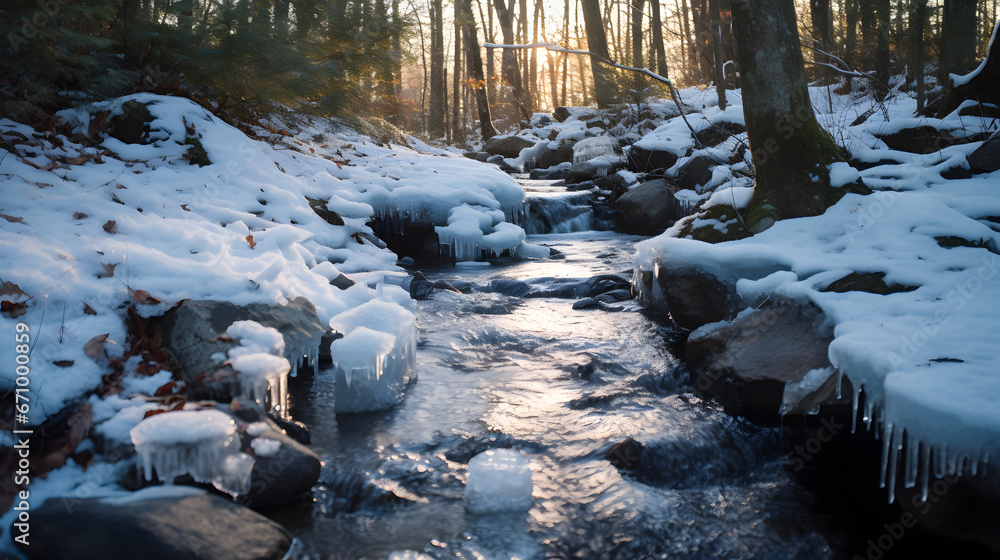 A frozen stream winding through the woods.