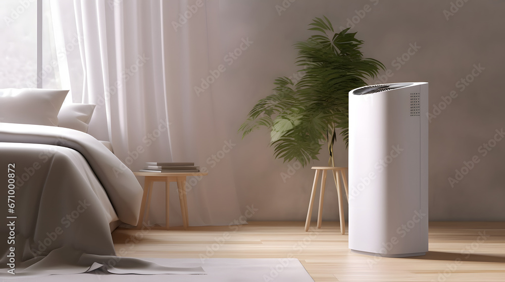 interior of a bedroom, White modern design air purifier, dehumidifier in beige brown wall bedroom, gray cover sheet bed, tropical palm tree in sunlight on wood parquet floor