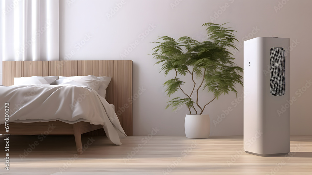 interior of a bedroom, White modern design air purifier, dehumidifier in beige brown wall bedroom, gray cover sheet bed, tropical palm tree in sunlight on wood parquet floor