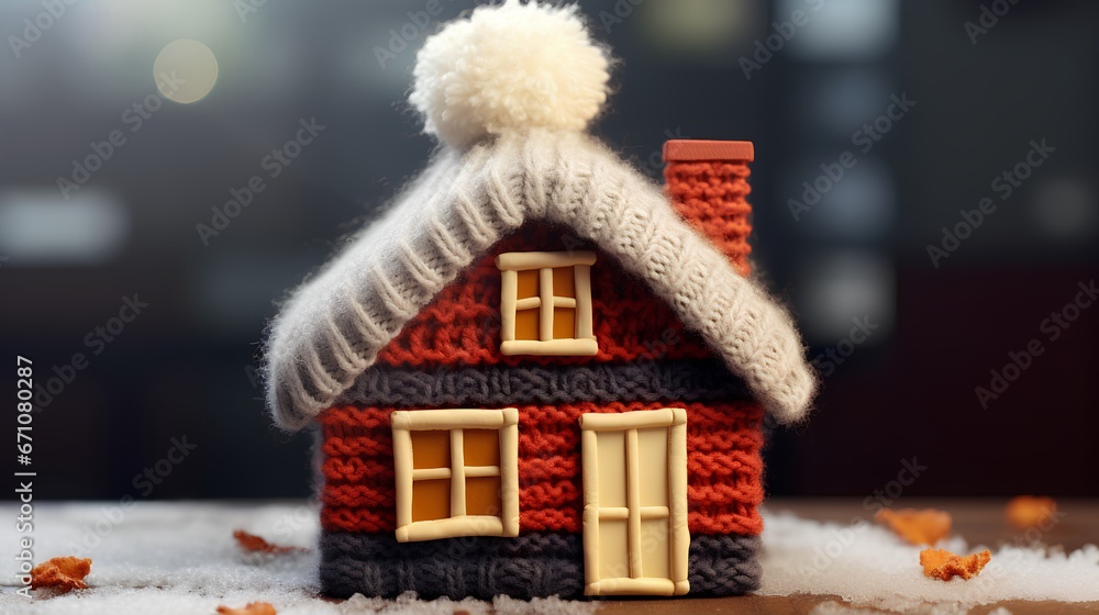 Proper insulation during the cold winter heating season. Cozy house with knitted cap placed on the roof. Energy efficiency and warmth. Save electricity with effective home insulation.