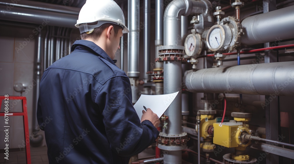 Professional engineer inspecting heating system in preparation for the winter season. He is performing a safety and efficiency checkup to ensure the system is functioning optimally and safely.