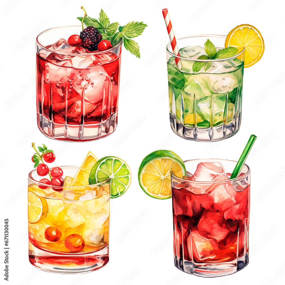 watercolor drawing, set of glasses with alcoholic drinks with ice. cocktails with fruits, berries and lequer. illustration in vintage style.