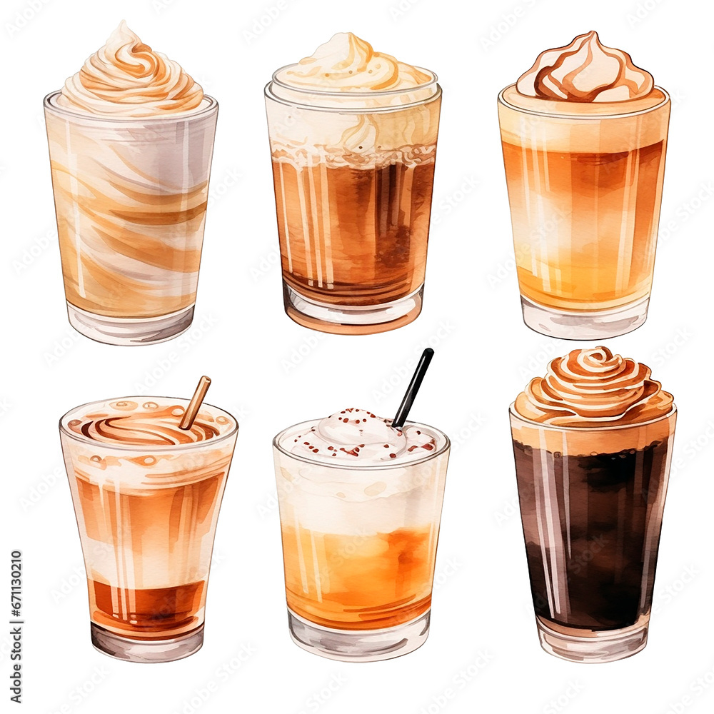 watercolor drawing, set with coffee drinks in glasses. sweet cold coffee drinks with milk and whipped cream.