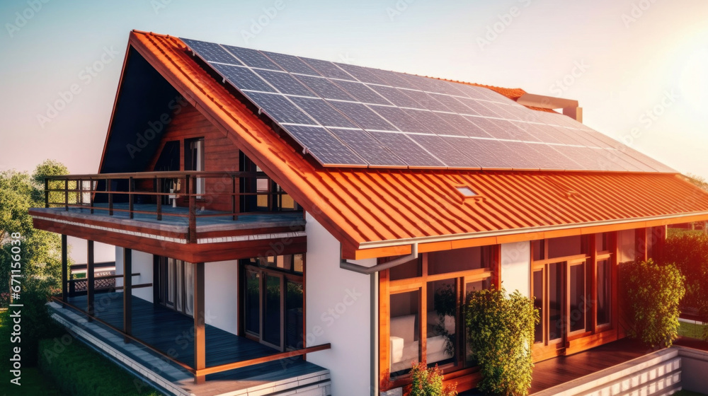 A house with solar panels on the roof. Concept of Sustainable and clean energy at home.