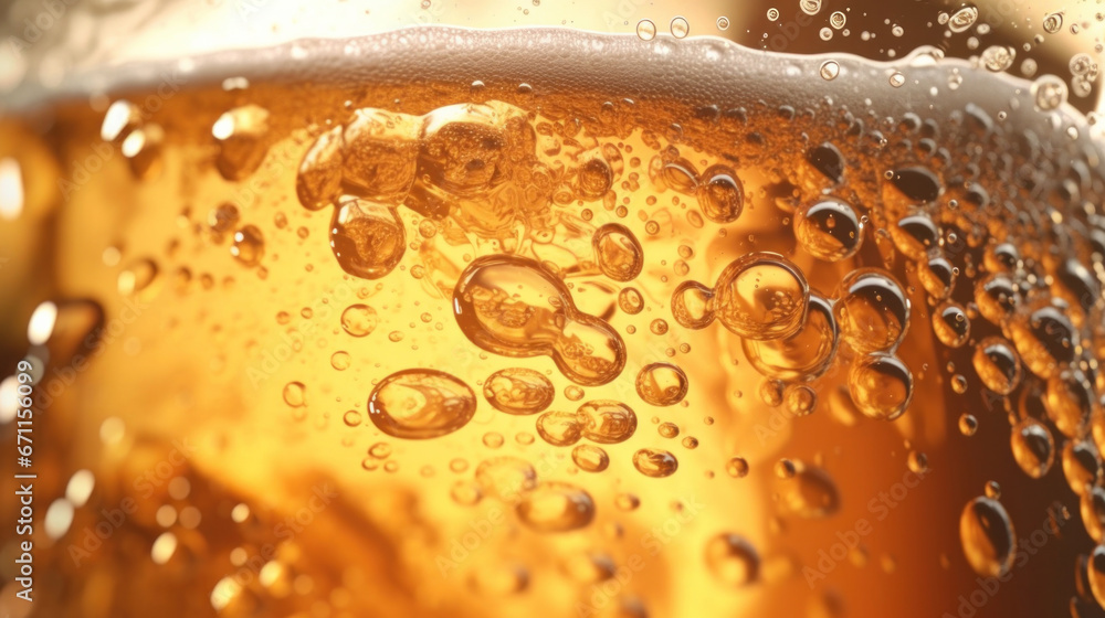 Close up background of beer with bubbles in glass. Pouring beer with bubble froth in glass for background on front view wave curve shape.