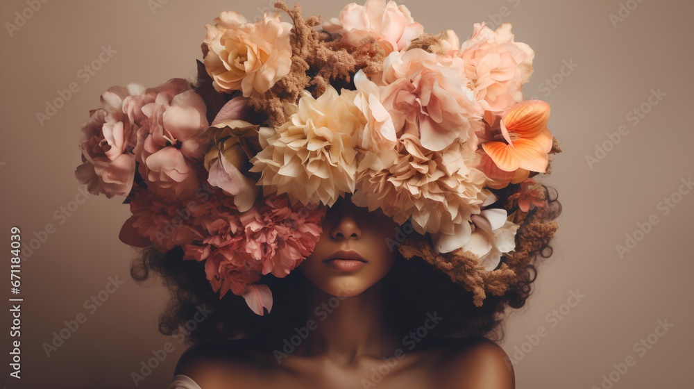 Mental health awareness and self care. Happiness and inner peace with strong and feminine personality. Psychological balance for mother or female. Woman with her head covered with flowers.