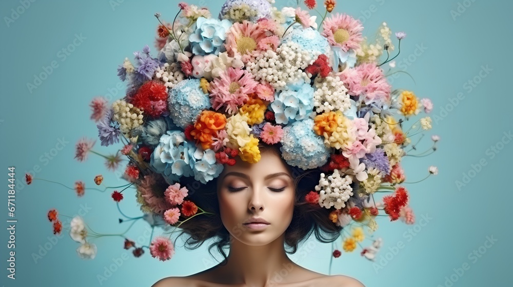 Mental health awareness and self care. Happiness and inner peace with strong and feminine personality. Psychological balance for mother or female. Woman with her head covered with flowers.