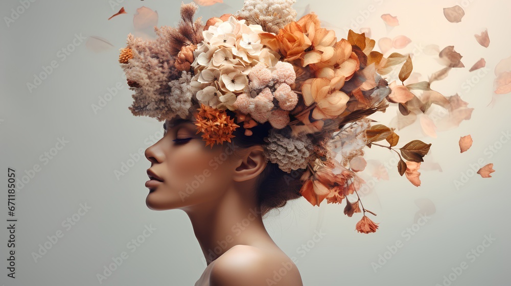 Mental health awareness and self care. Happiness and inner peace with strong and feminine personality. Psychological balance for mother or female. Woman with her head covered with flowers.