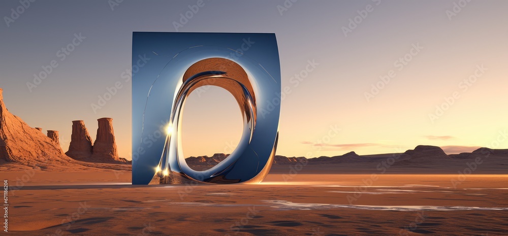 Fantasy world, futuristic fantasy image. Surreal landscape with water and colorful sand. Podium, display on the background of abstract glass, mirror shapes and objects.	