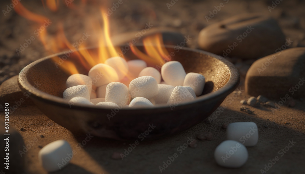 Organic food in a wooden bowl, cooking with heat and temperature generated by AI