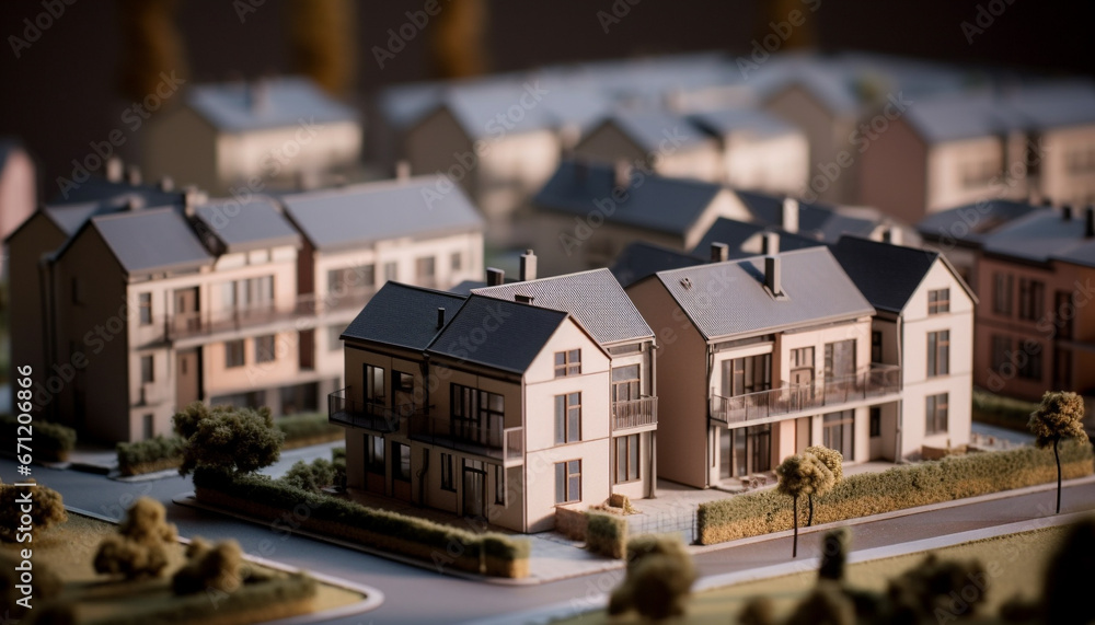 Modern suburban housing development with luxury homes in a row generated by AI