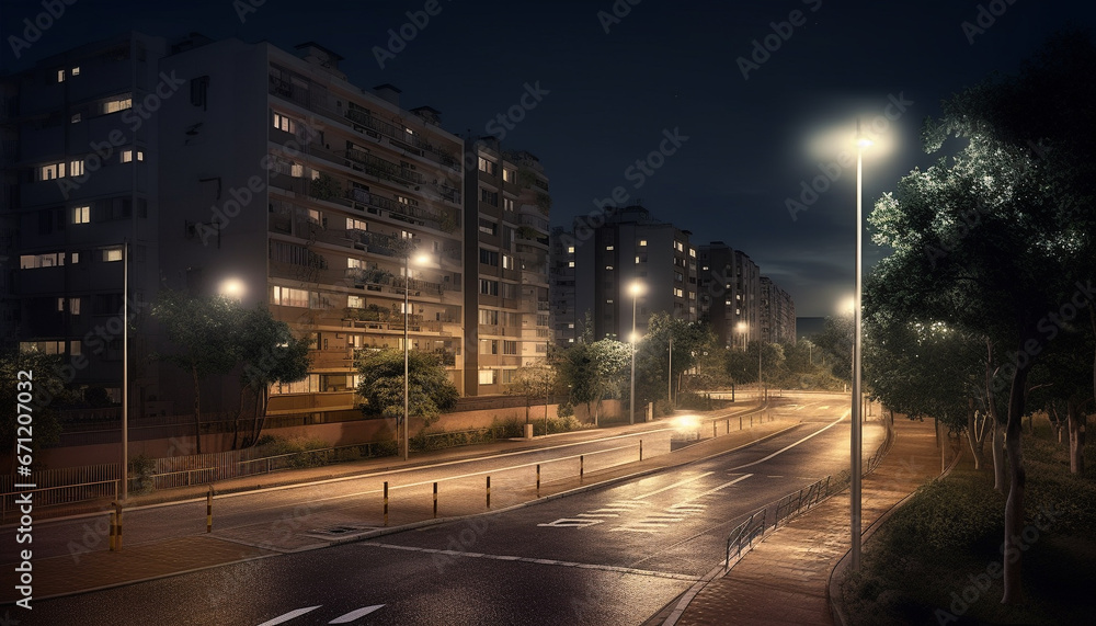 City life in motion  Dusk illuminates modern architecture and traffic generated by AI