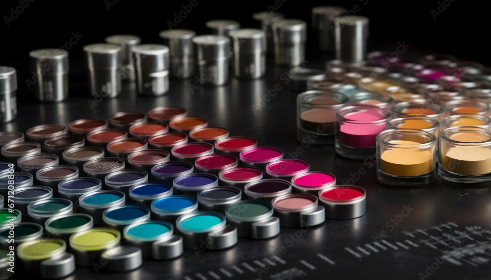 Beauty set arrangement  colors in a row, large variety, shiny eyeshadow generated by AI