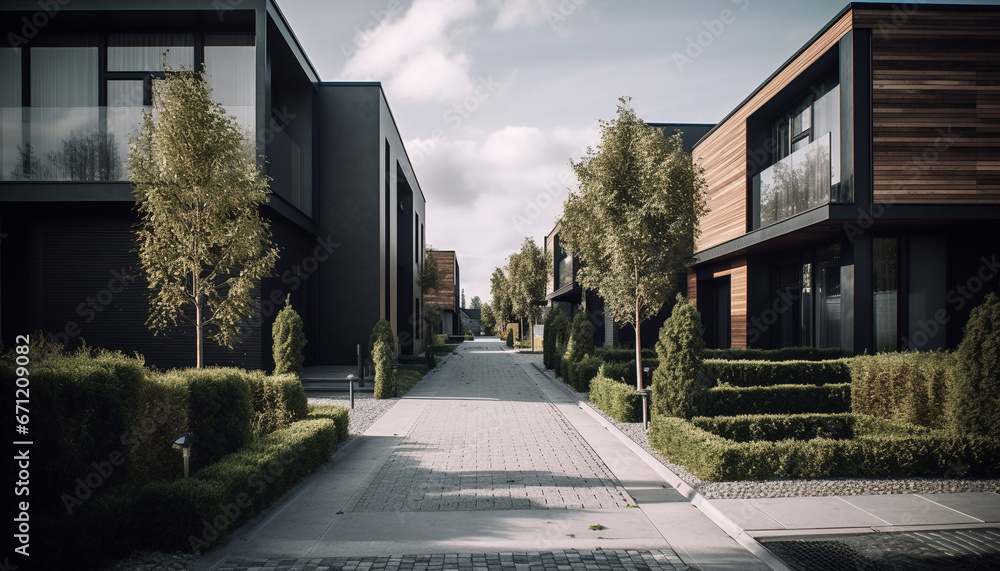 Modern skyscraper reflects city life in vanishing point perspective generated by AI