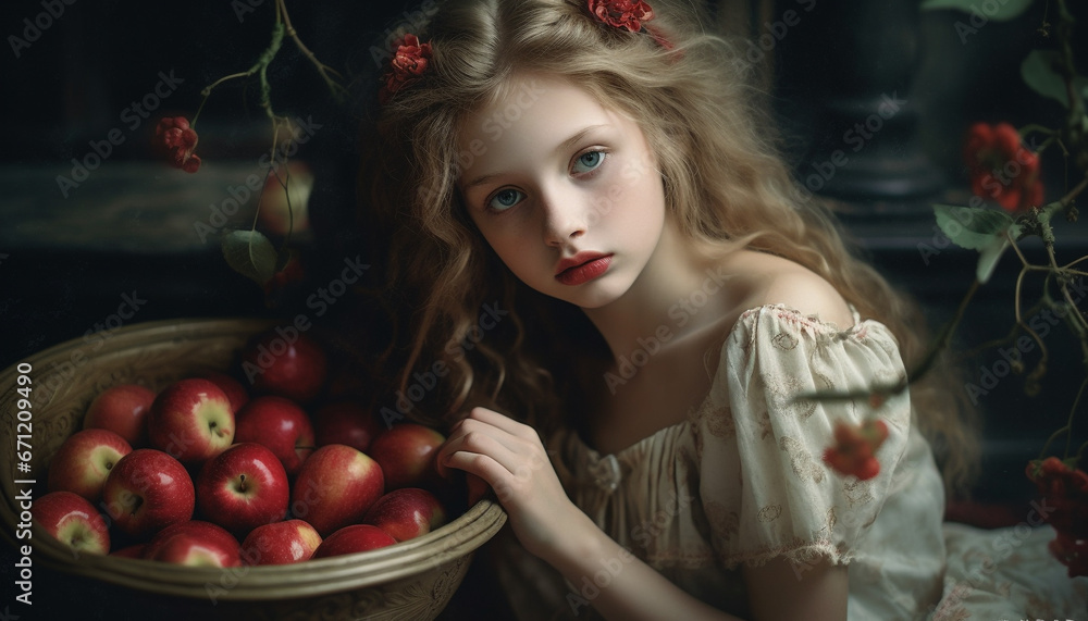 Cute Caucasian child in a beautiful dress, smiling at camera, surrounded by nature decoration and fruit basket celebration generated by AI