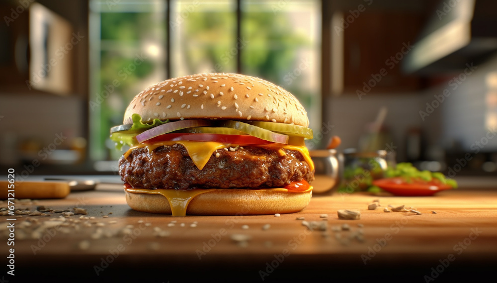 Grilled cheeseburger on rustic cutting board, with fresh tomato and onion generated by AI