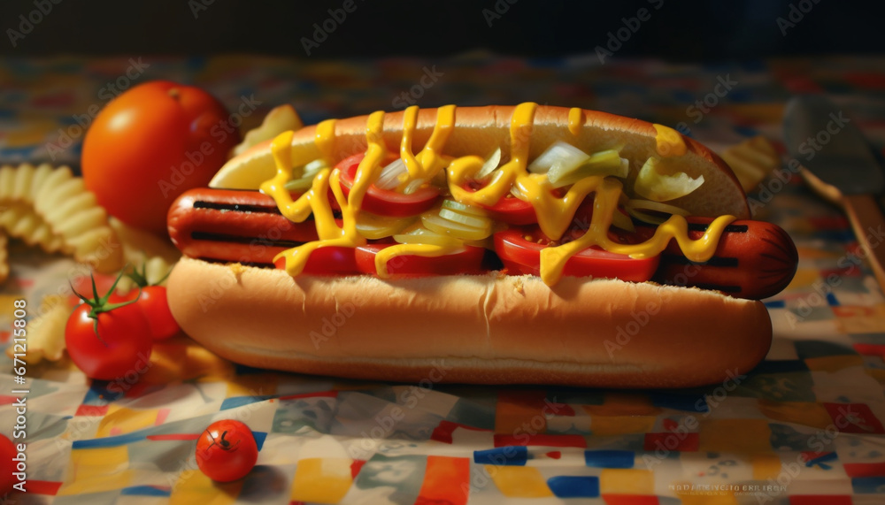 Grilled hot dog meal with beef, ketchup, and tomato snack generated by AI