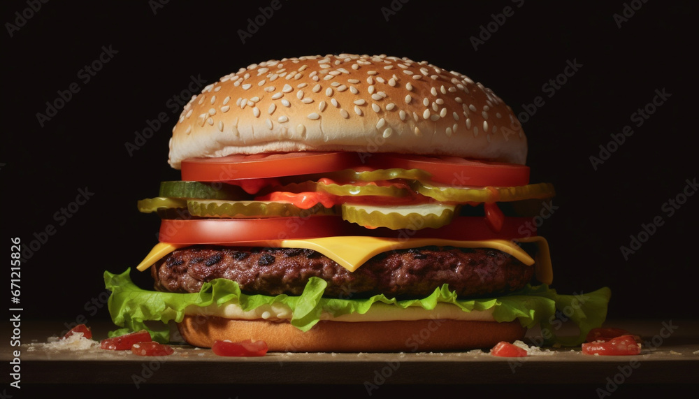 Grilled beef burger with cheese, tomato, onion, and sesame bun generated by AI