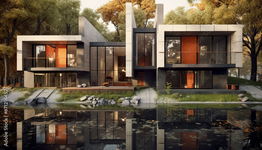 Modern architecture reflects nature beauty in luxurious cityscape homes generated by AI