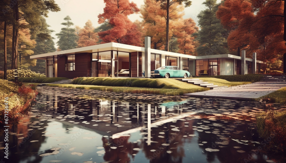 Tranquil autumn landscape reflects modern architecture in rural scene generated by AI