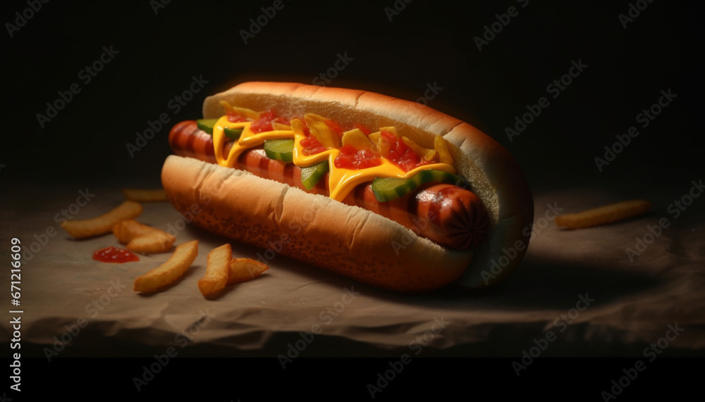 Grilled beef hot dog with ketchup on a bun, unhealthy snack generated by AI